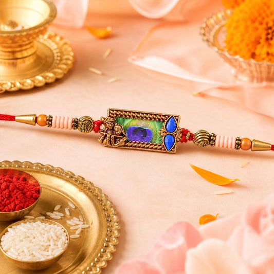 Radha Krishna Rakhi with mor pankh design on a festive background for Raksha Bandhan.