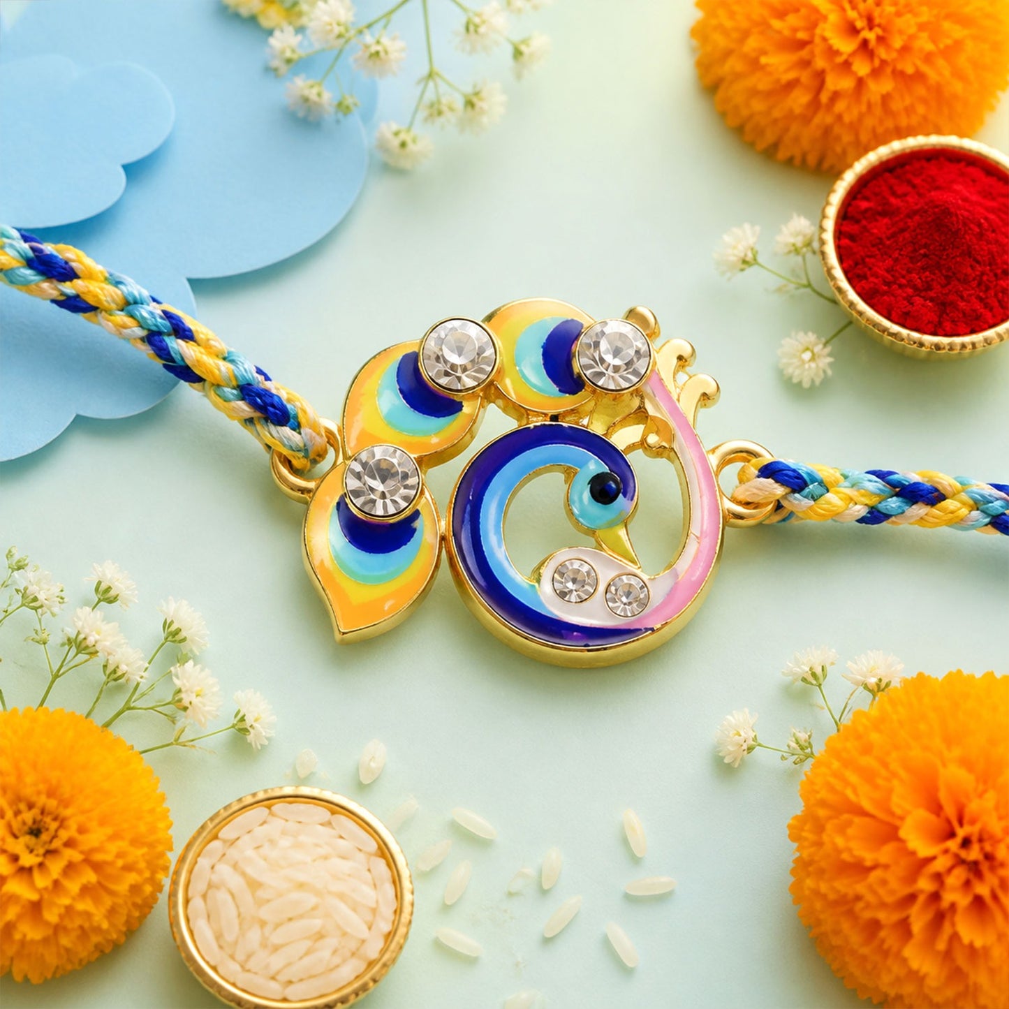 Vibrant colorful peacock rakhi with intricate thread work for brothers.