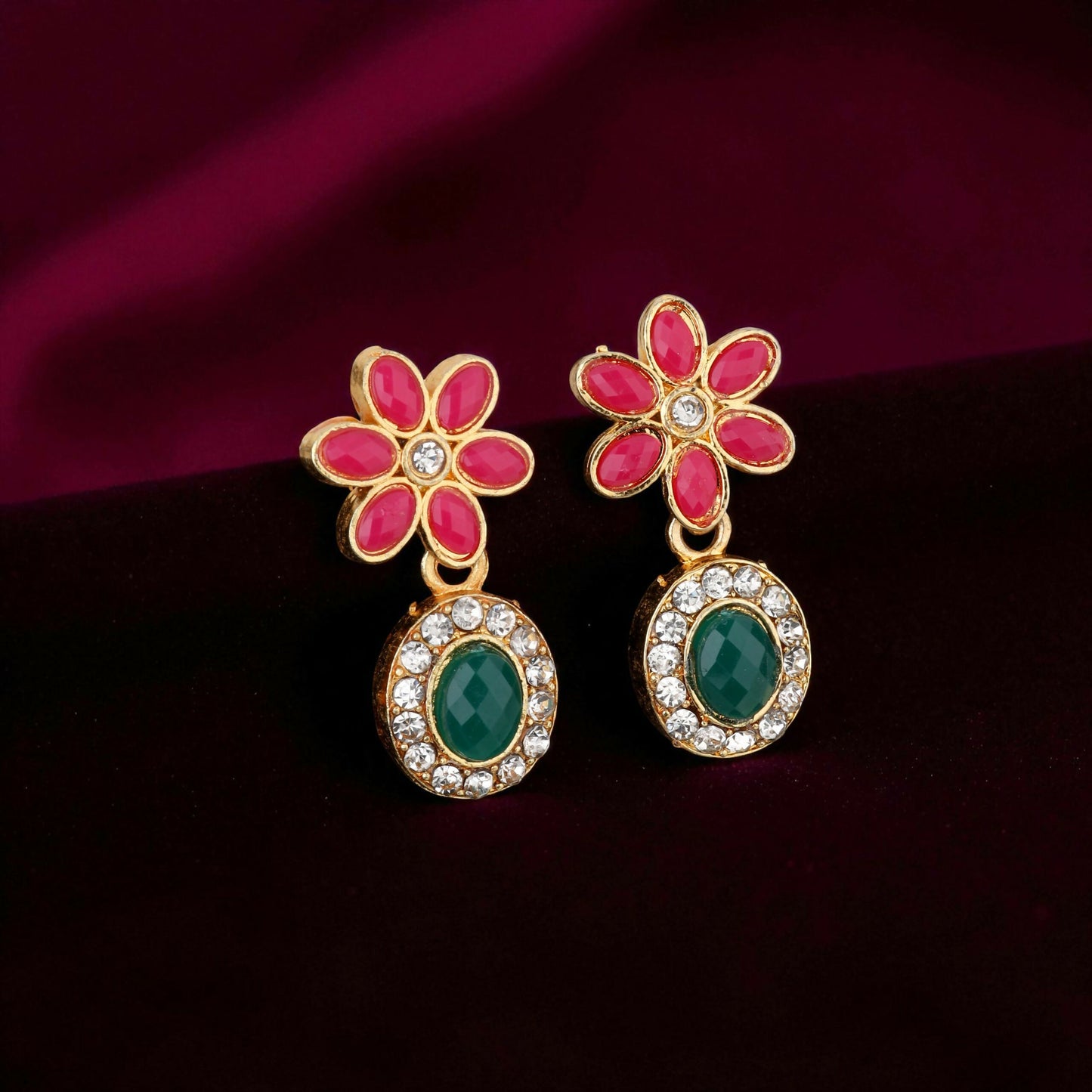 Traditional Gold-Toned Green-Pink Enamel Lotus Choker Set