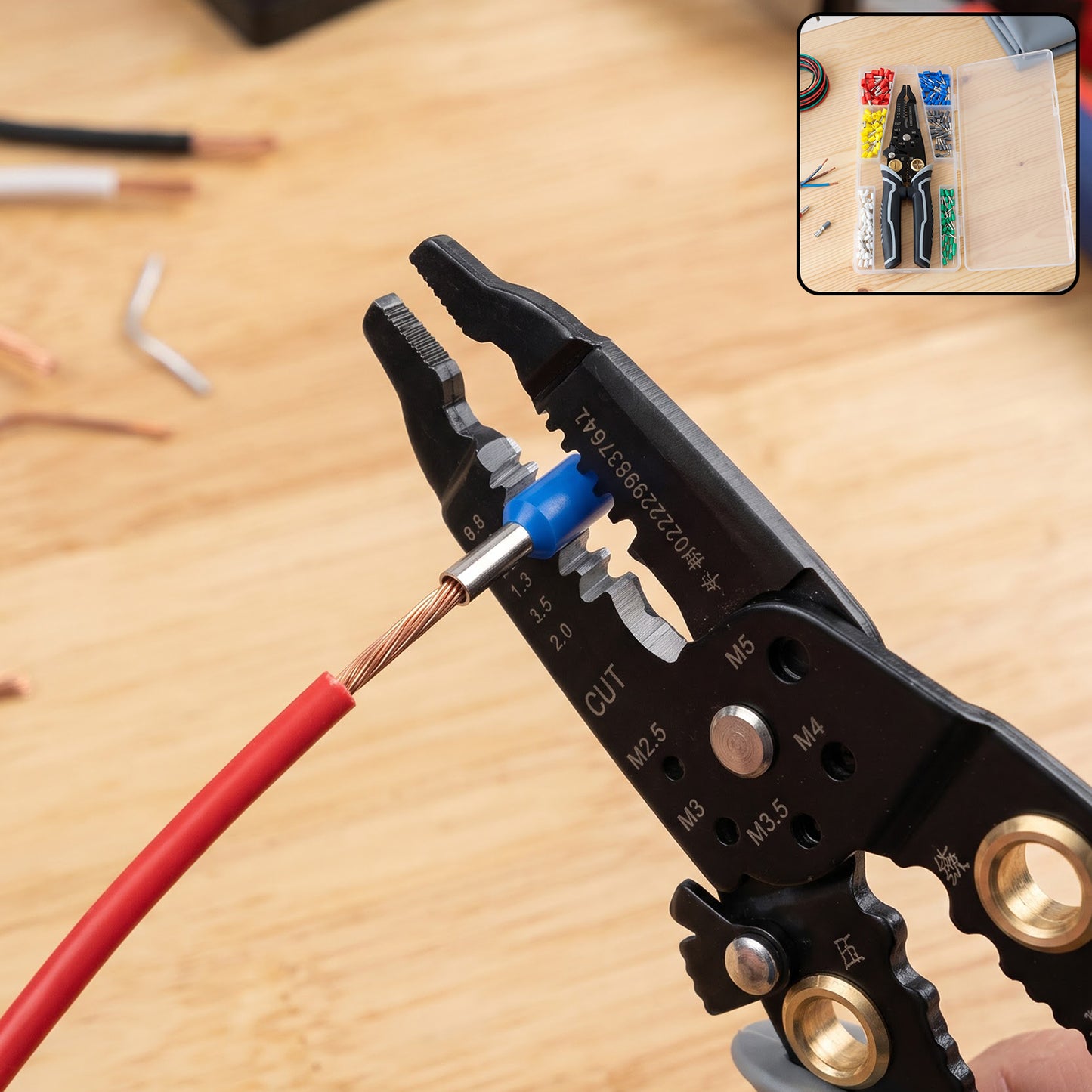 Wire crimping plier tool in use