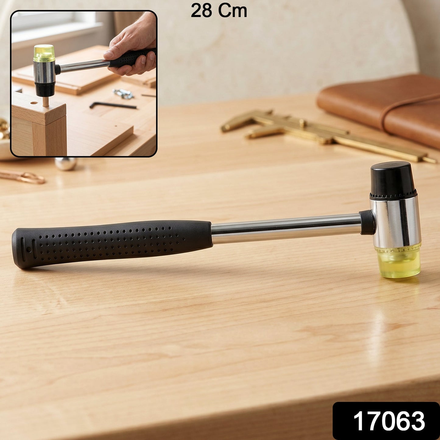 Rubber mallet with steel handle close-up
