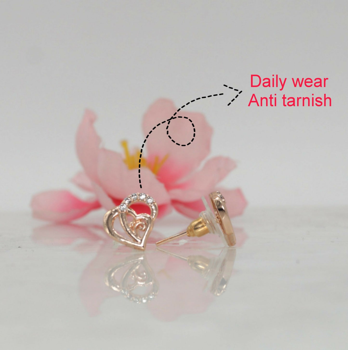 Rose Gold Heart Stud Earrings AD Love & Romantic Jewelry for women and girls