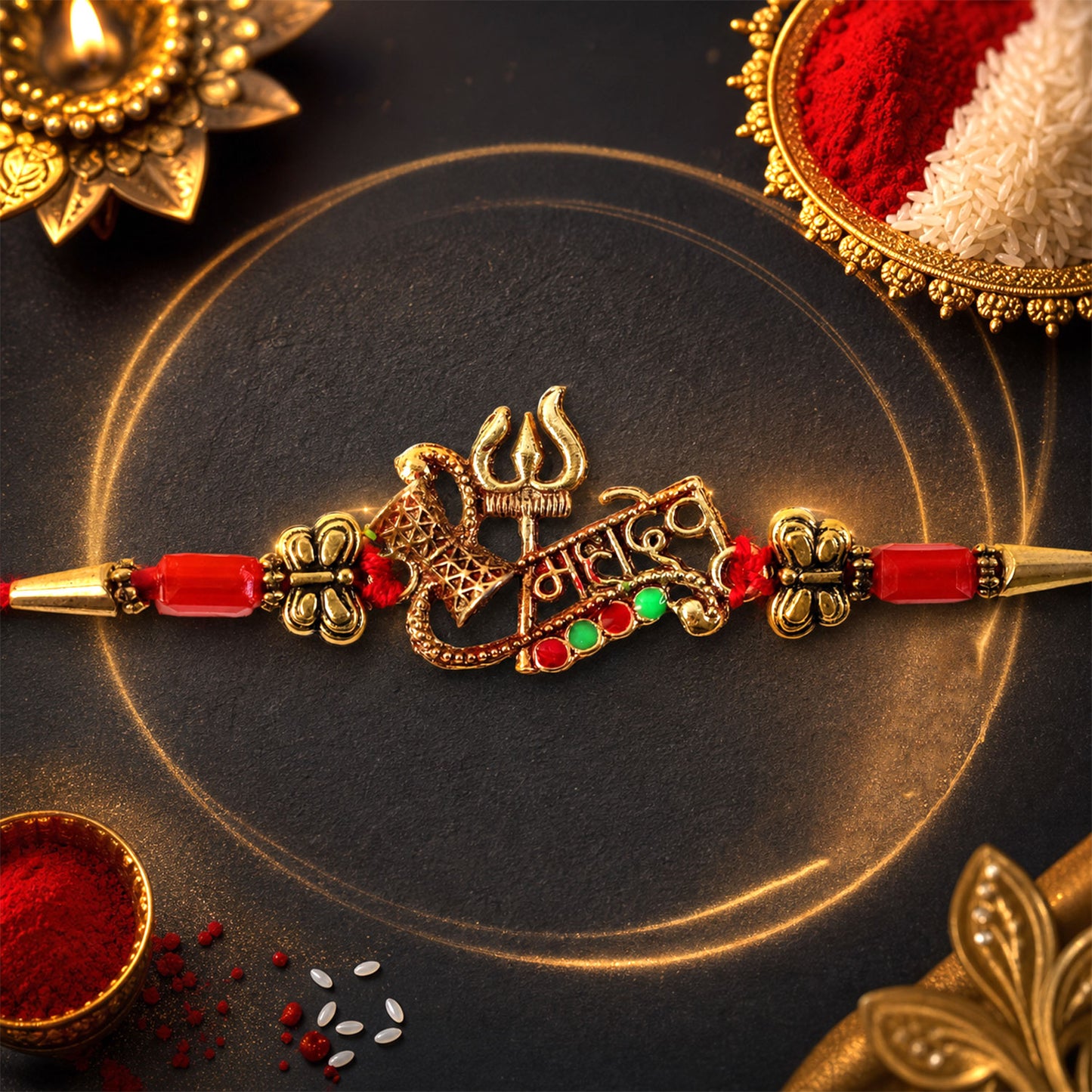 Close up of the Shiv Rakhi Trishul Damru motif, highlighting its detailed craftsmanship.