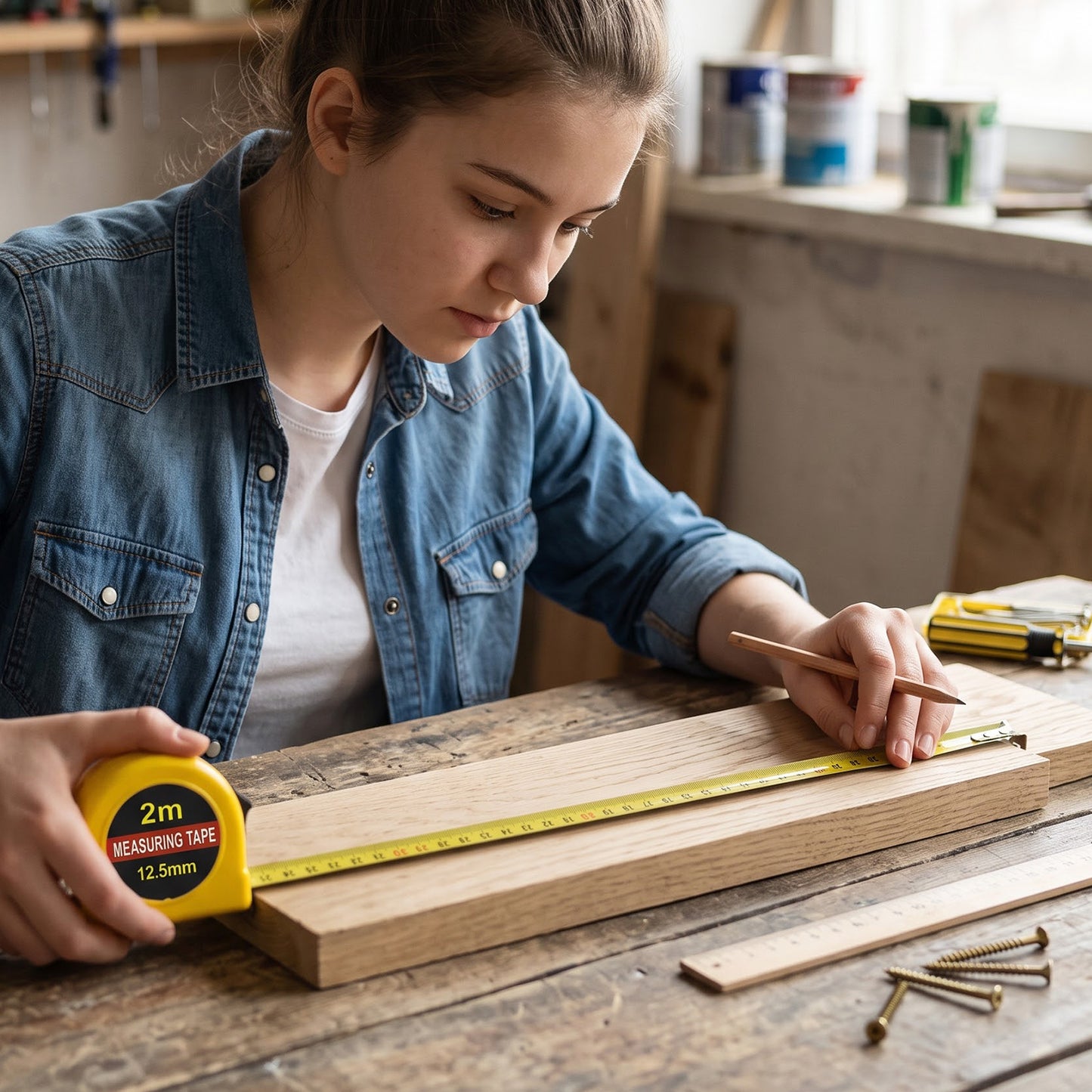 Home repair tool kit measuring accessory in use