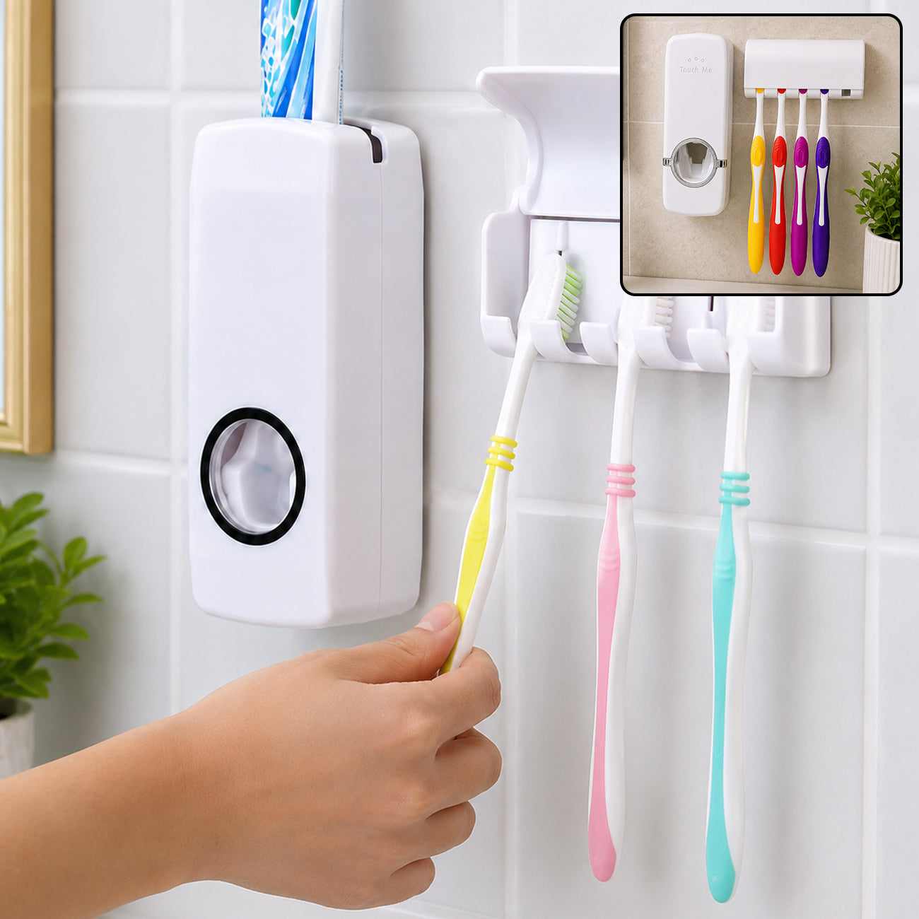 A hand holds a yellow toothbrush to the dispenser, with three other toothbrushes hanging in the holder.