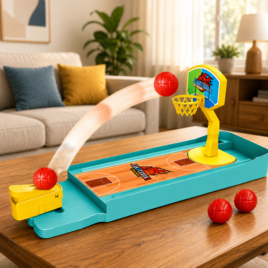 A vibrant miniature basketball game with a red ball mid-air, set on a wooden table in a living room.