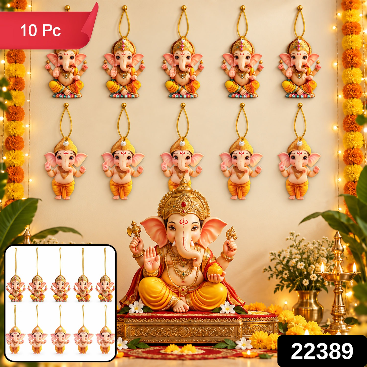 Ganpati Hanging Decorations with Cords for Pooja and Festive Home Decor (10 Pc)