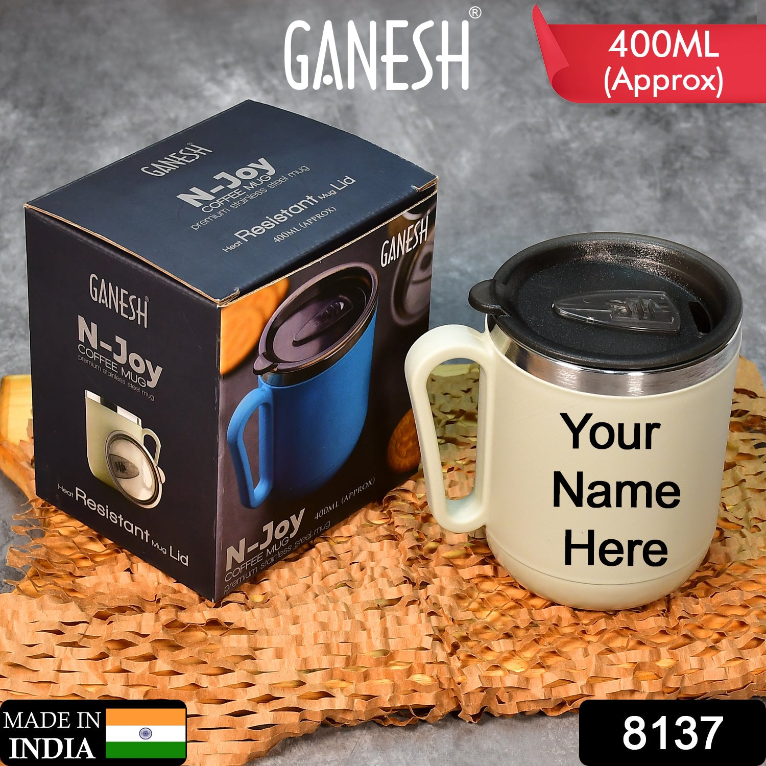 Customize Ganesh Premium Stainless Steel Coffee Mug with heat resistant mug lid. Approx 400Ml mug.