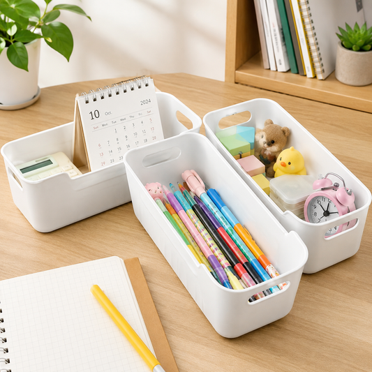 White Plastic Storage Basket Set – 4 Durable Stackable Organizers