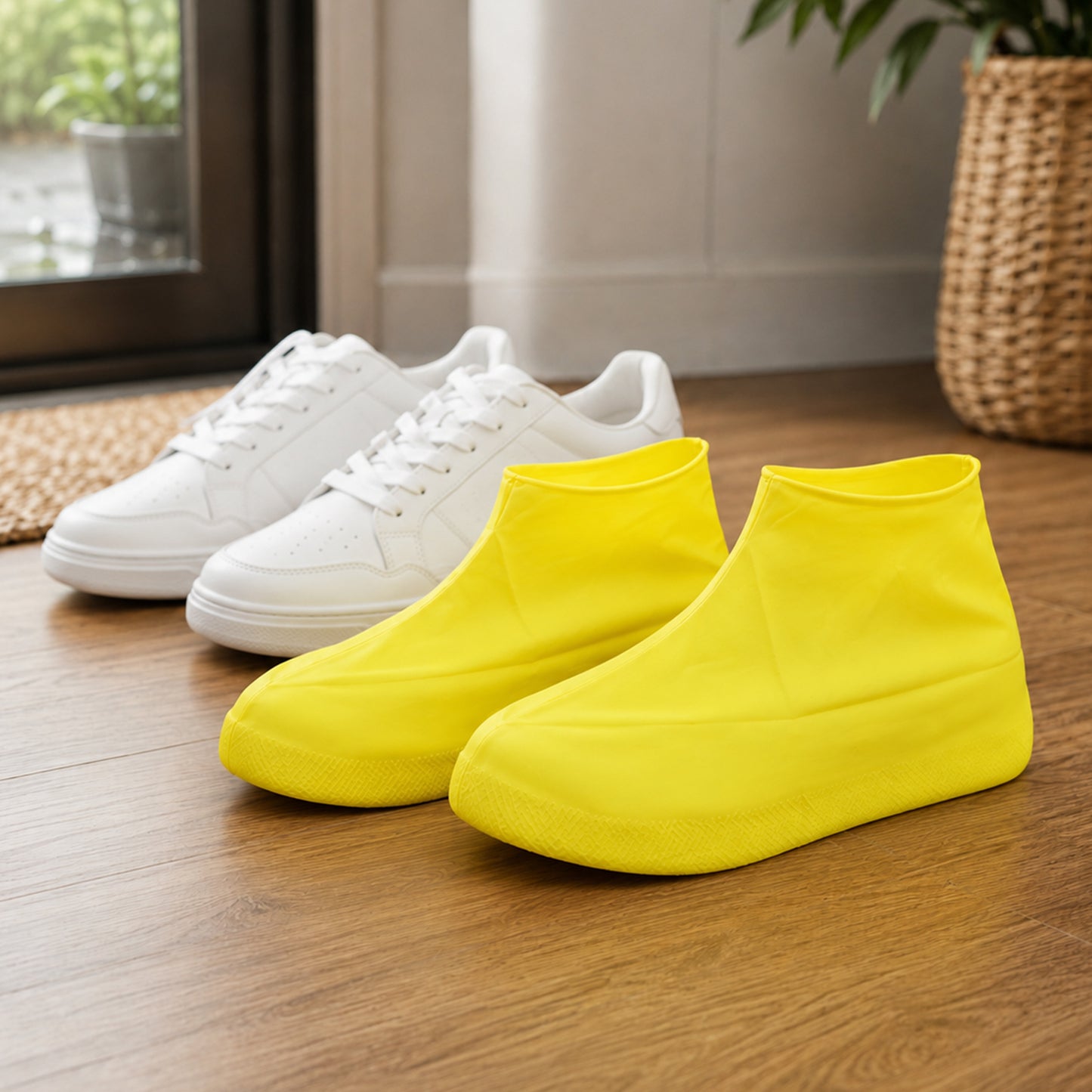 A pair of yellow silicone shoe covers sit on a wooden floor next to two pairs of white sneakers.