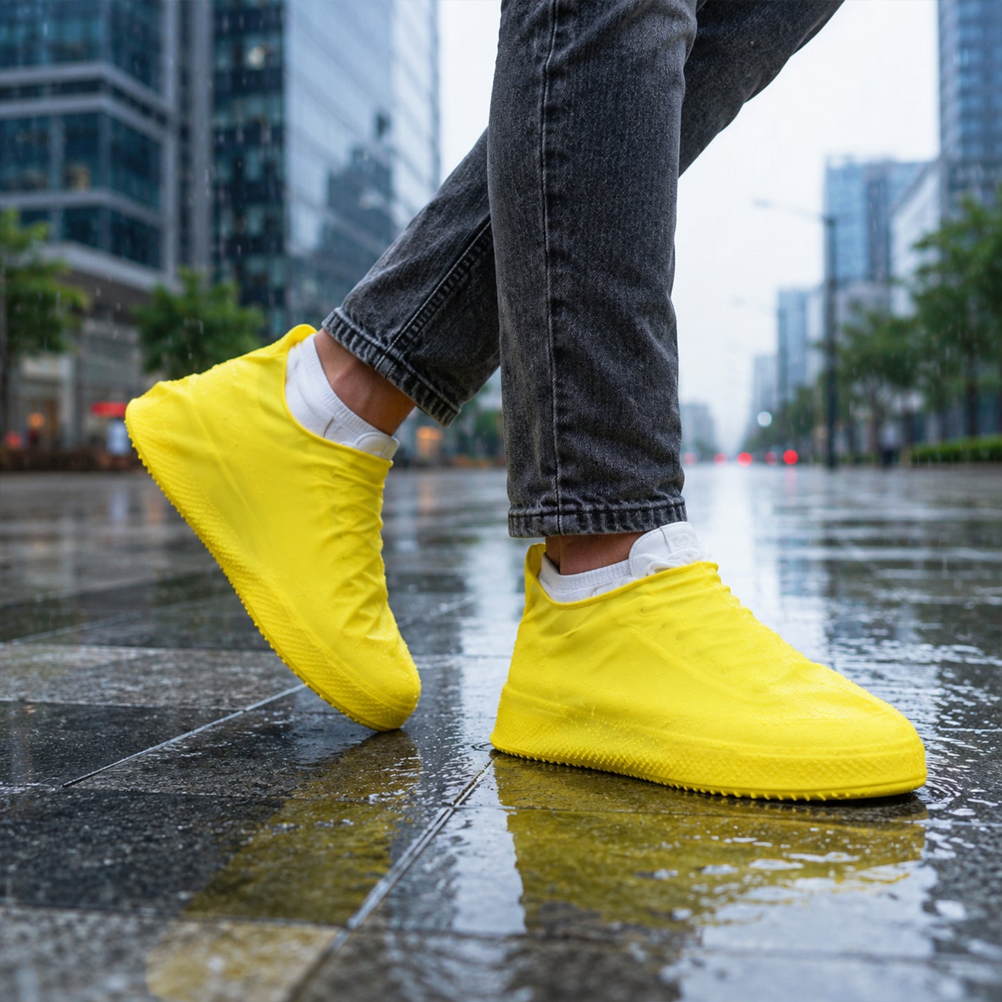 A person in gray jeans wears yellow shoe covers while walking on a wet city street on a rainy day.