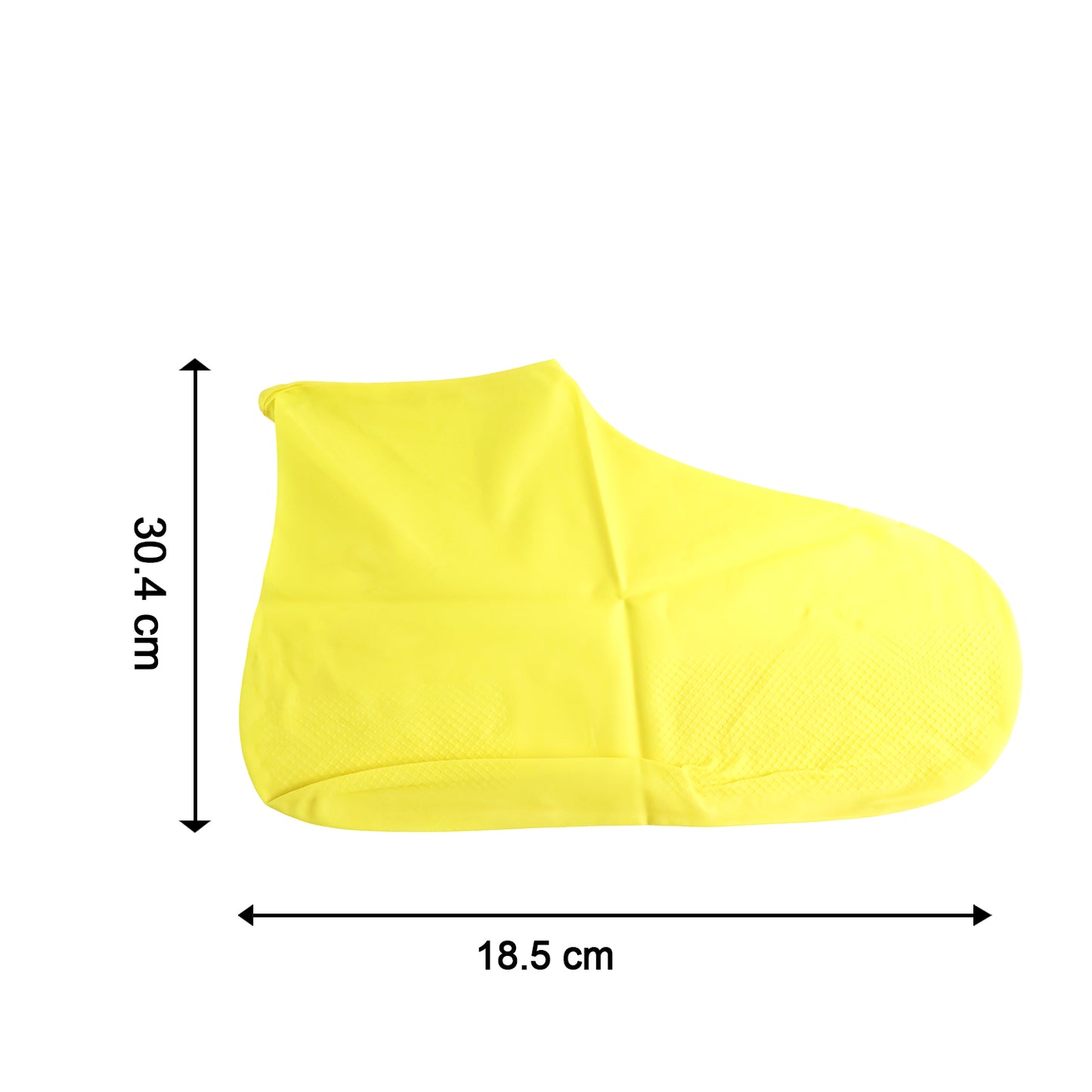 A yellow silicone shoe cover with textured sole is shown with dimensions of 30.4 cm in length and 18.5 cm in width.