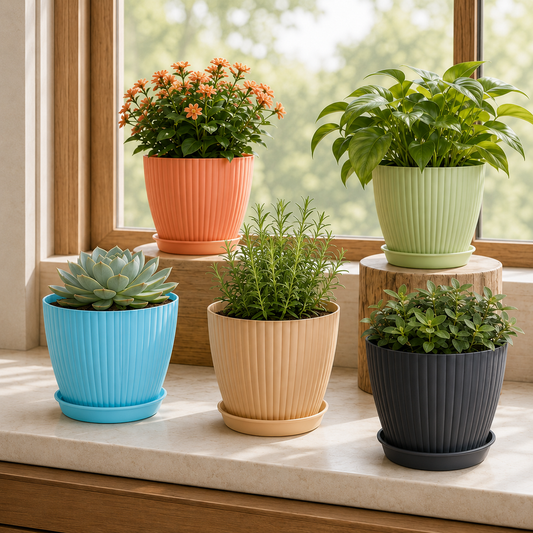 Plastic Flower Pot Set – Round 5 Pcs with Tray | Deodap