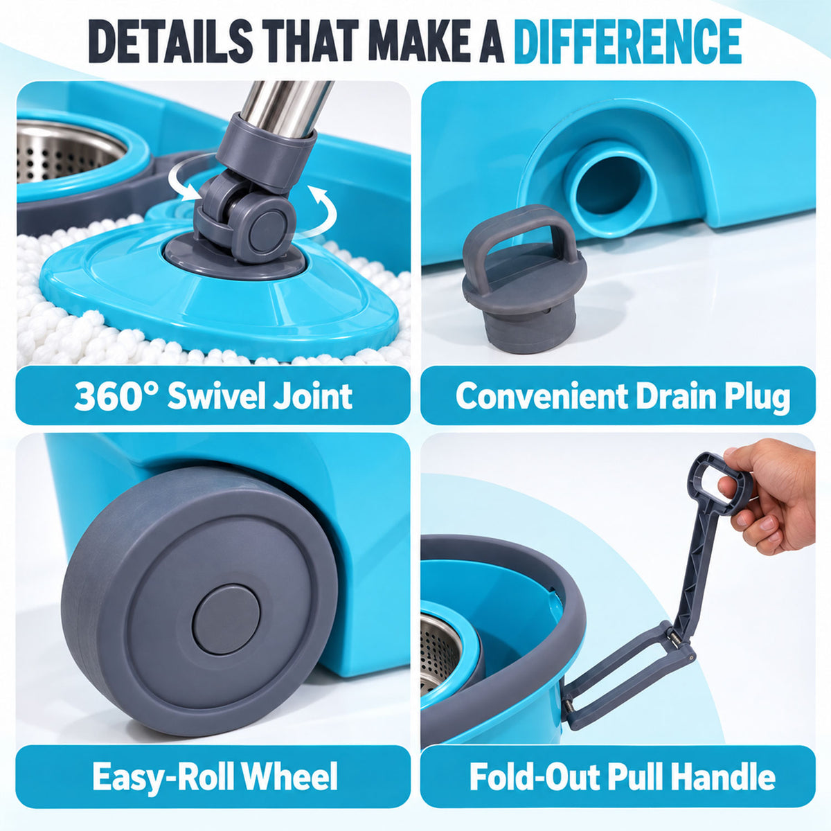 Spin Mop Bucket Set with Steel Wringer, Wheels and 2 Microfiber Refills