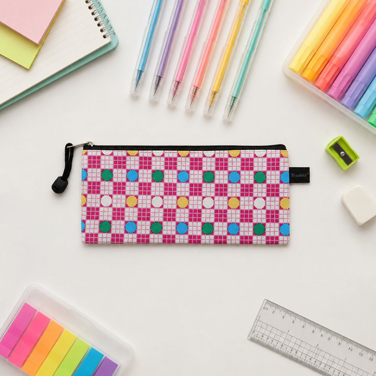 Close-up of the colorful printed design on the pencil zipper pouch