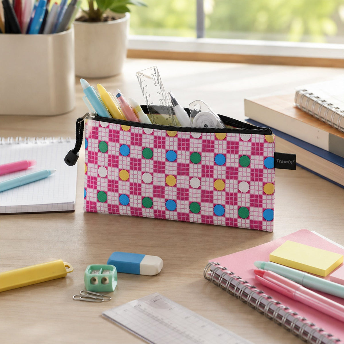 Multiple stylish pencil pouches displayed for school supplies