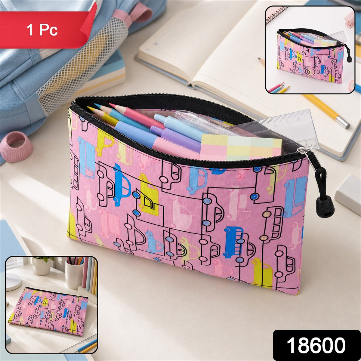 Colorful car print stationery pouch with secure zipper for children