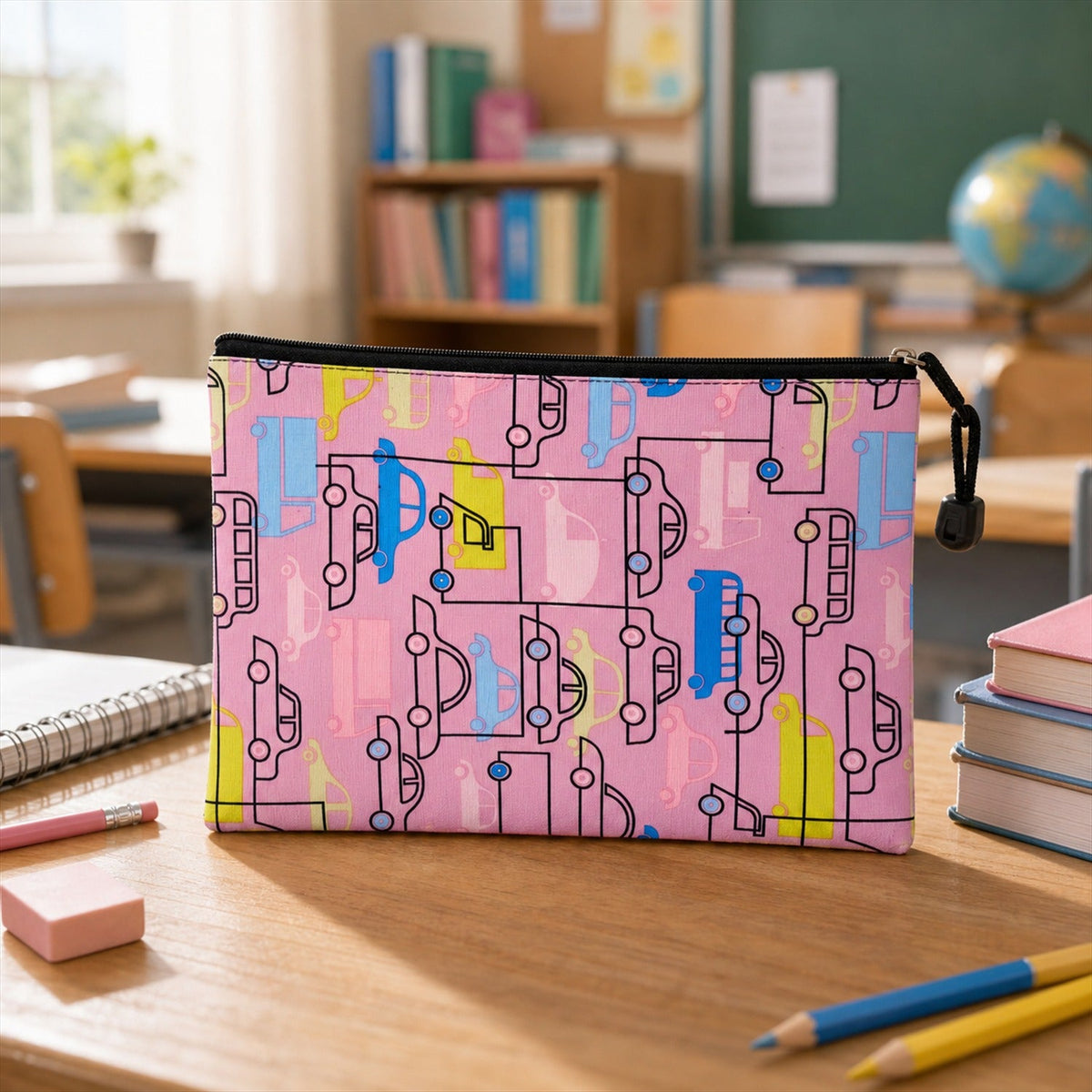 Bright themed car print pencil pouch for boys and girls