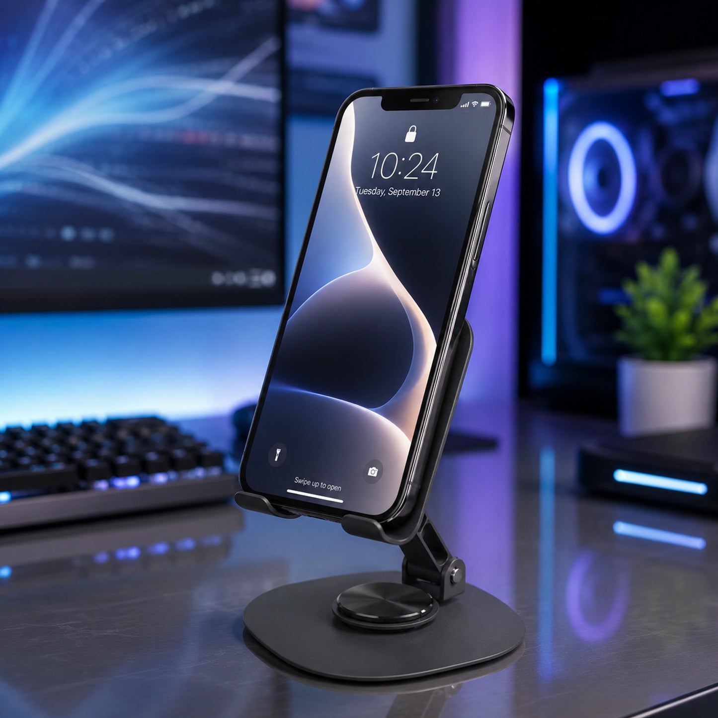 Foldable mobile stand showing multiple angle adjustments