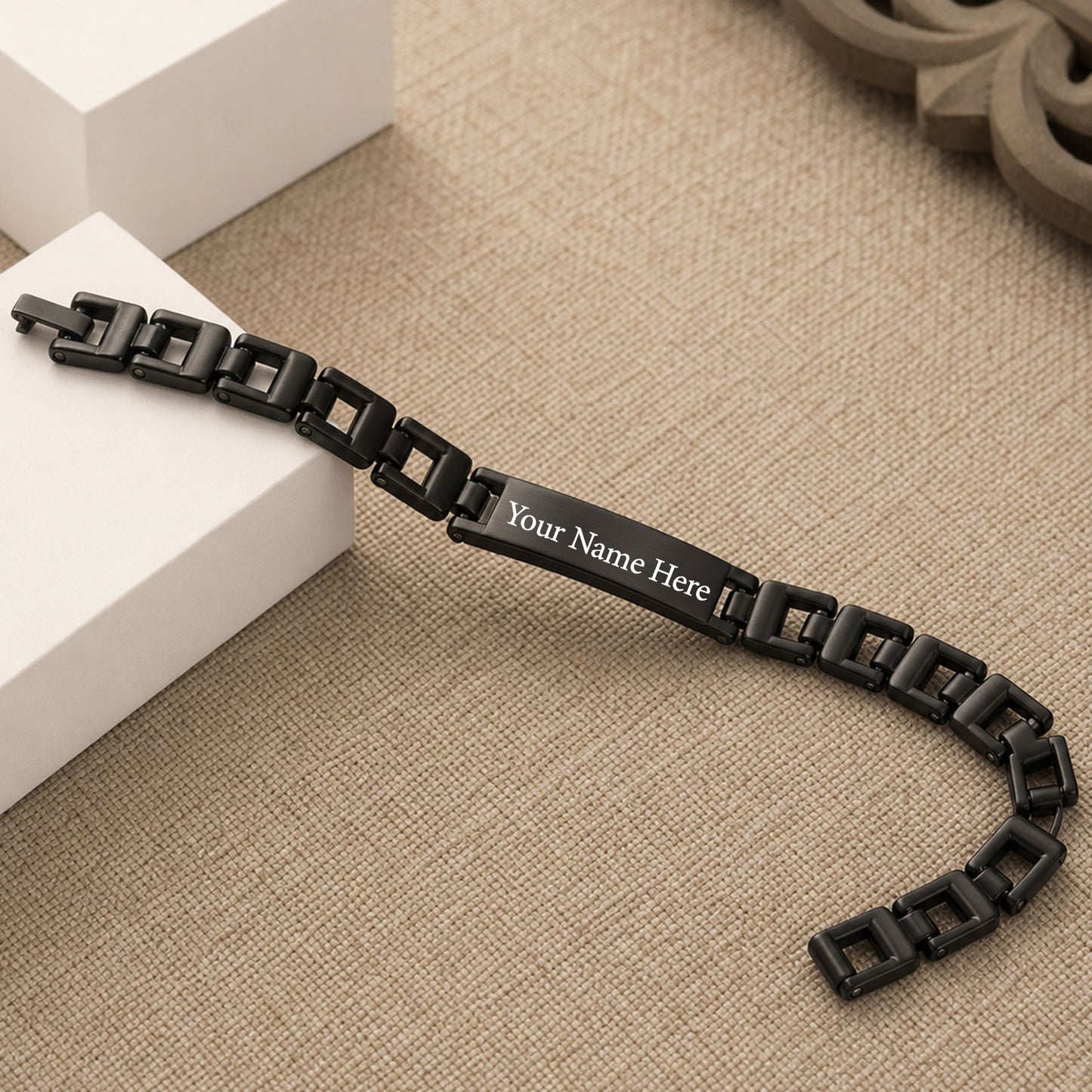 Customized Name Bracelet Black Stainless Steel Engraved Link Chain (1 Pc)
