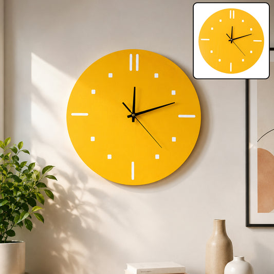 A bright yellow round wall clock with white hour markers and black hands hangs on a light wall. A smaller inset shows a