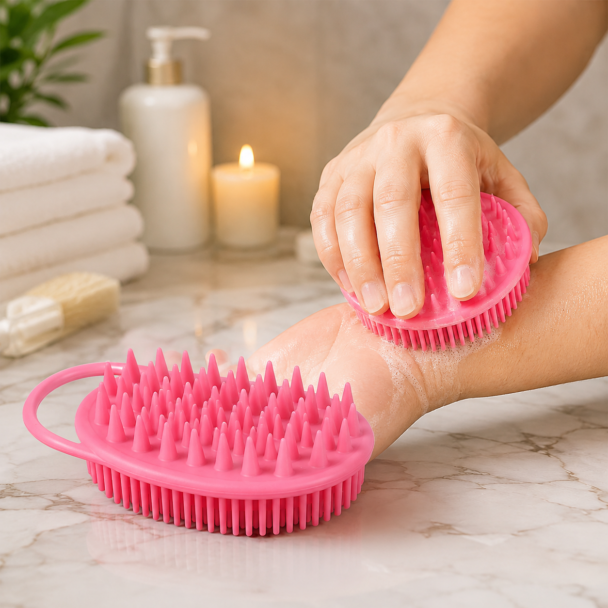 A person's hand uses a pink silicone body brush with spiky bristles to scrub their arm, creating lather. Another identical