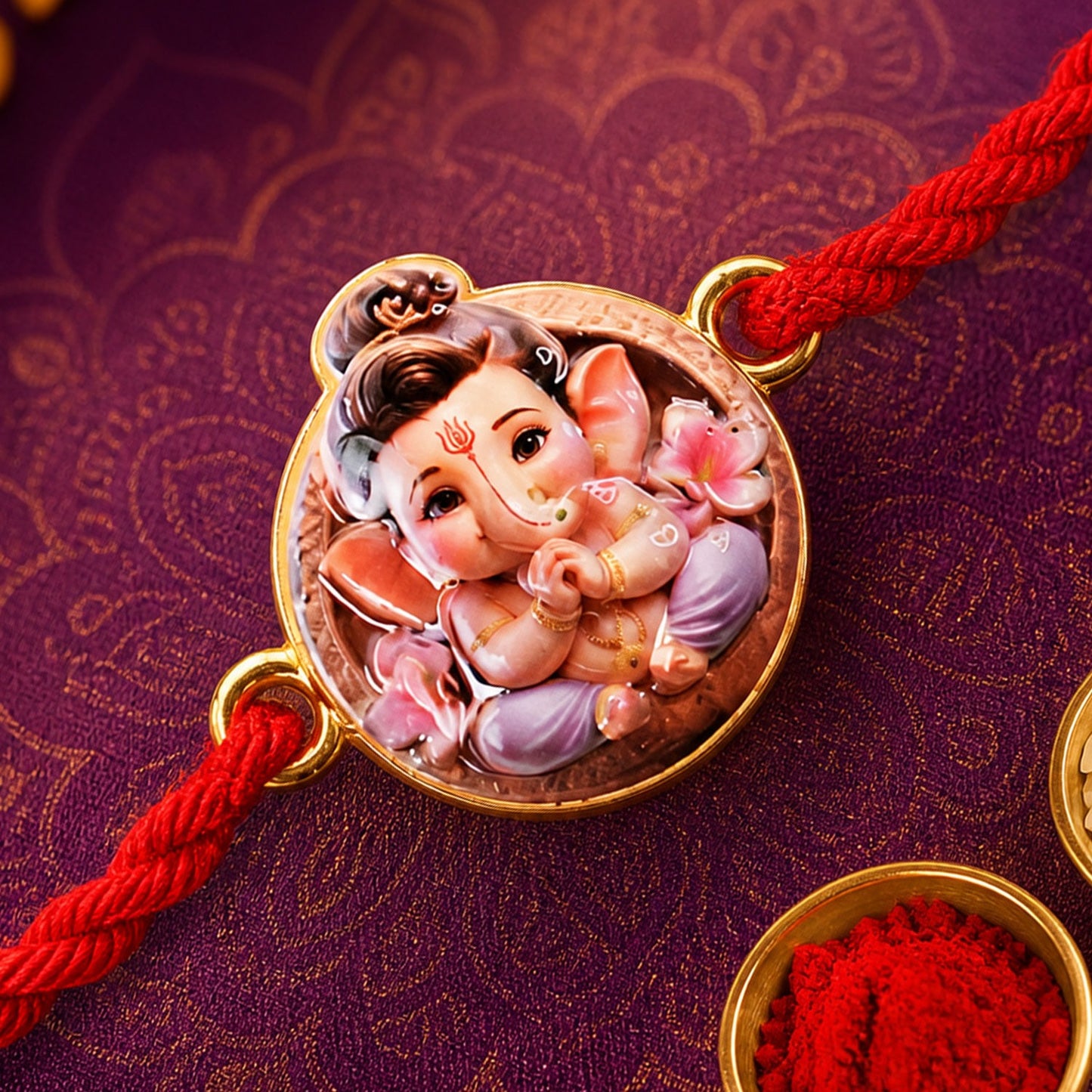 Close-up of a gold-framed Ganesh charm on a red braided thread, set on a purple patterned surface.