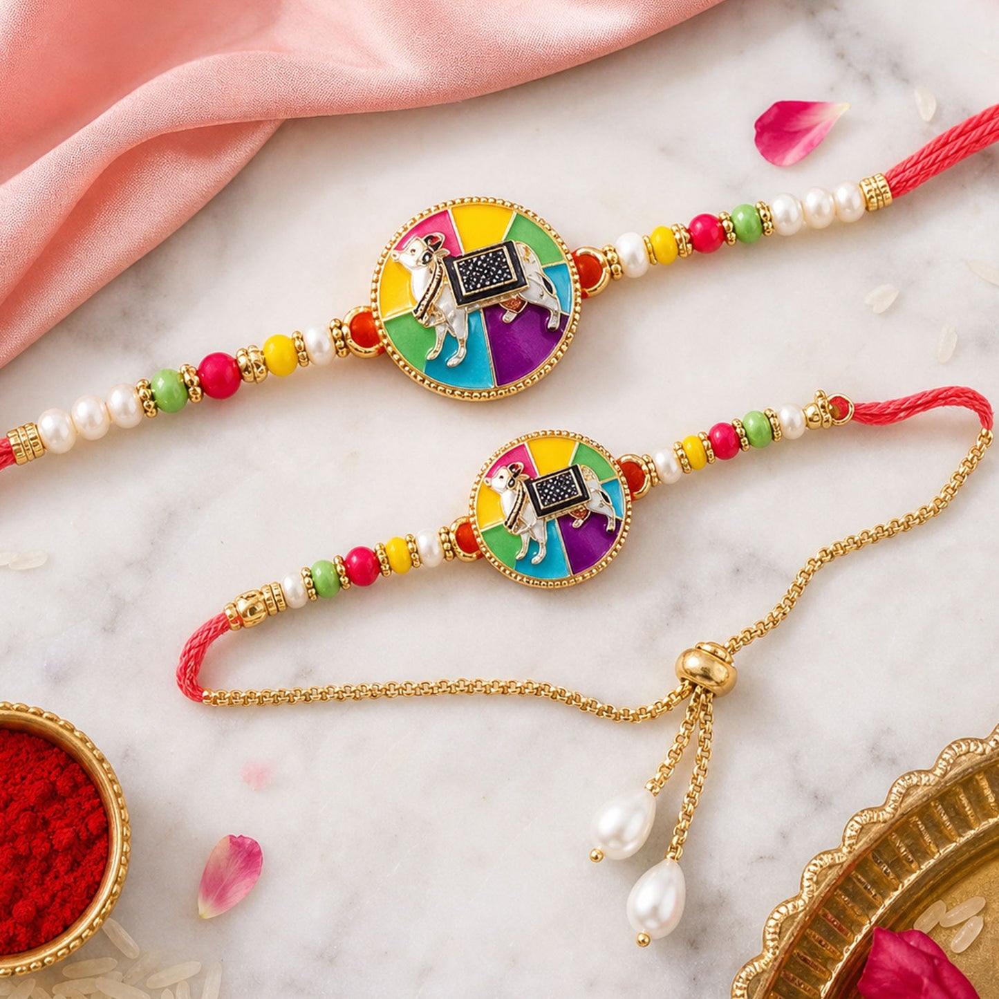 Premium Traditional Cow Motif lumba Rakhi – Vibrant Beads & Soft Thread Darling
