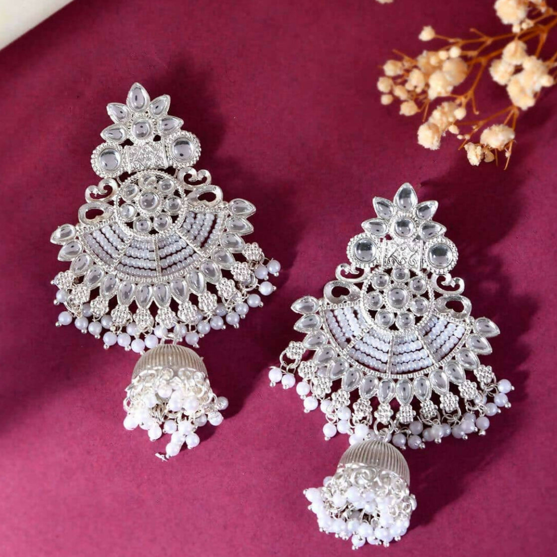 Silver-Toned Kundan & Pearl Traditional Chandbali Jhumka Earrings