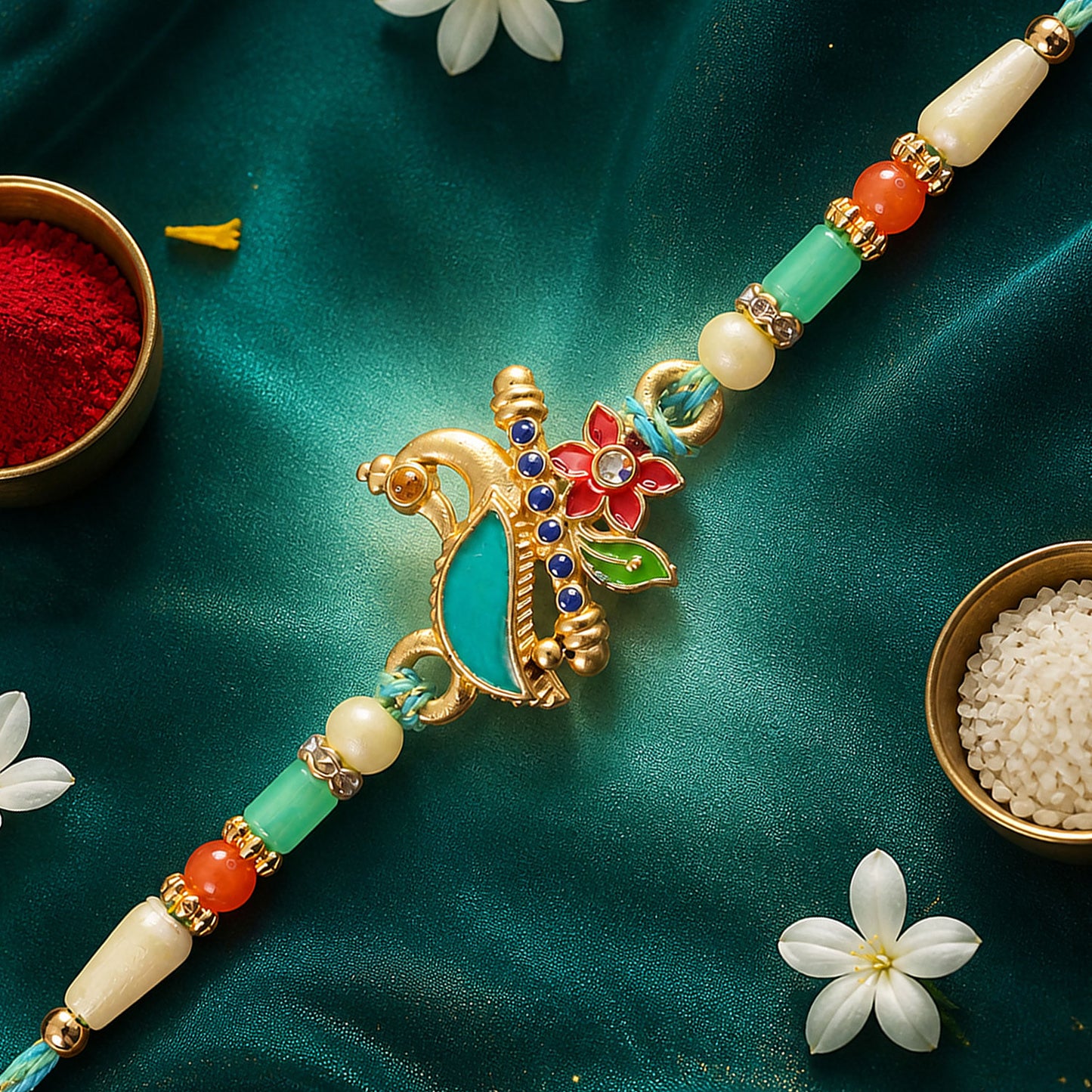 Teal Peacock Enamel Pendant Rakhi with Kundan Flower Accent