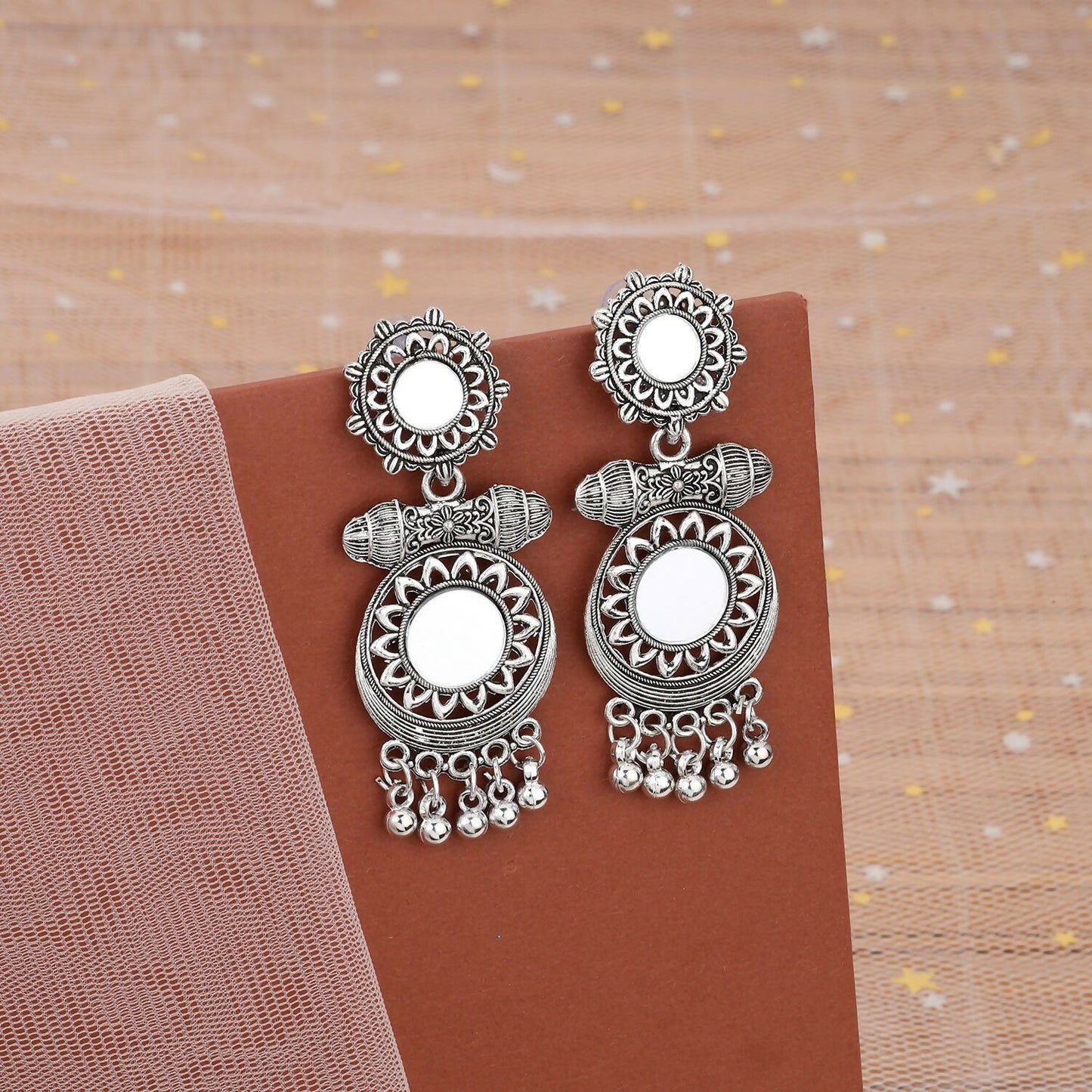 Oxidised Mirror Work Drop Jhumka Earings