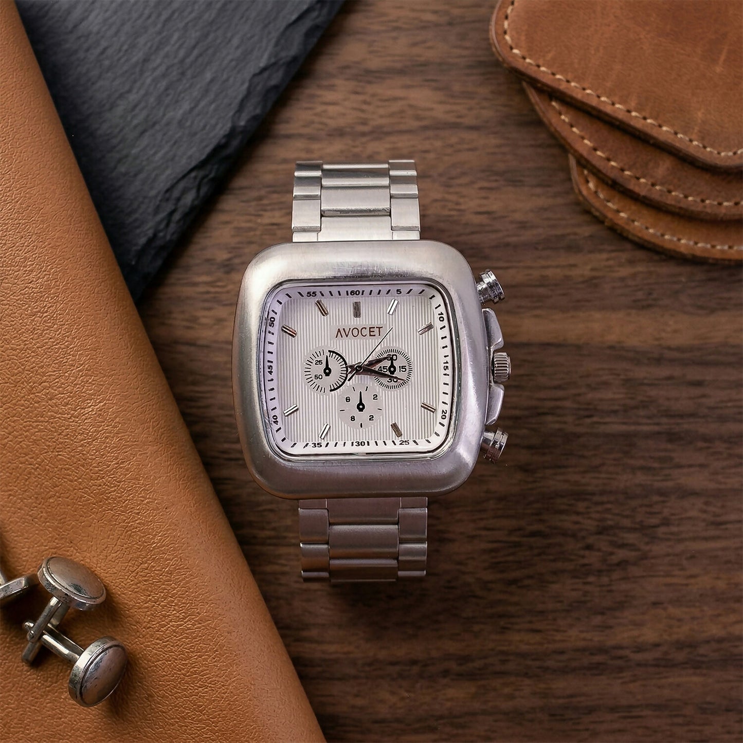 Premium Square Dial Silver Metal Strap Analog Wrist Watch for Men