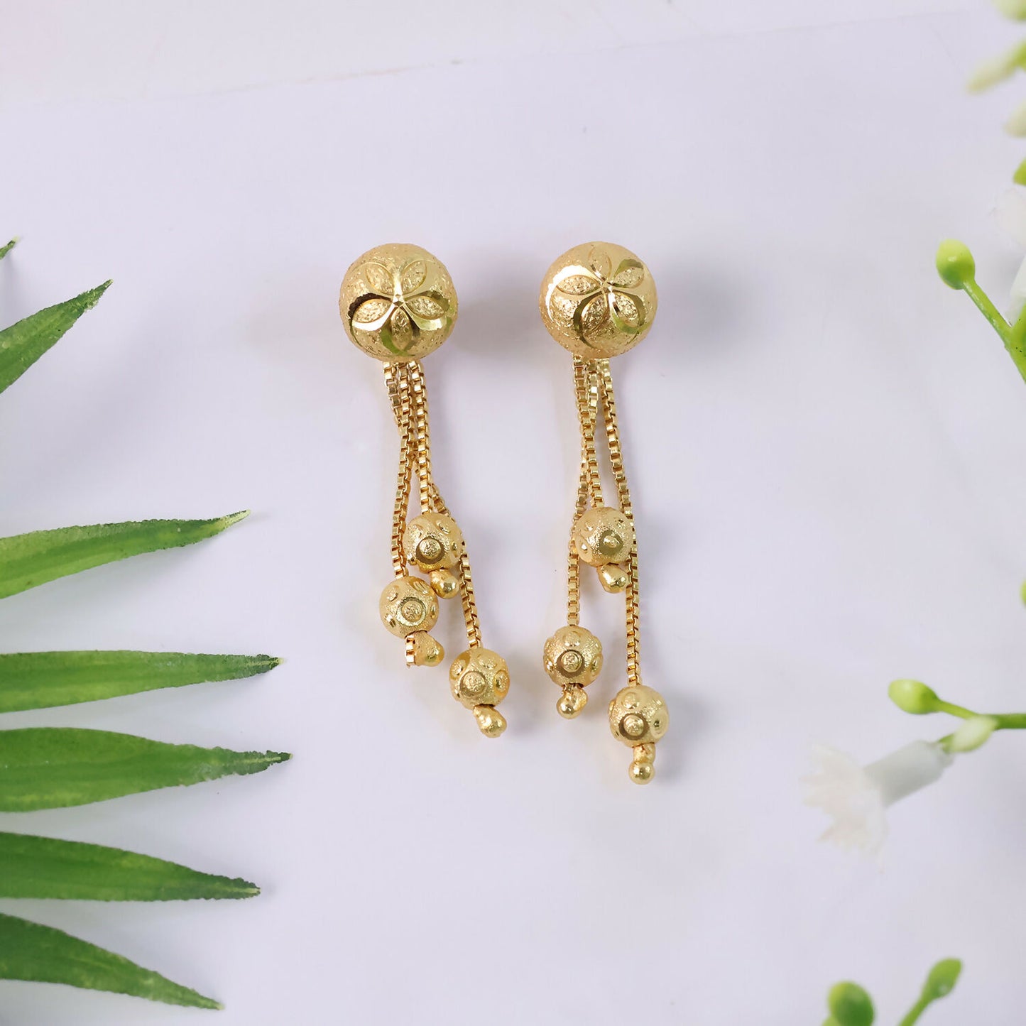 Floral Stud Chain Drop Earring with Elegant Bead Accents