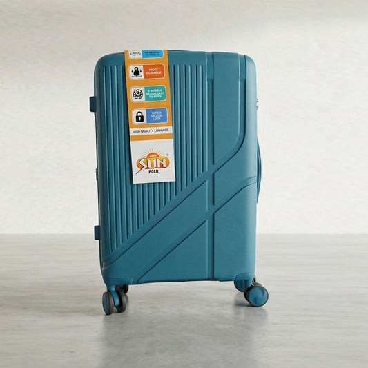 Side view of SUN POLO blue luggage with spinner wheels for easy travel