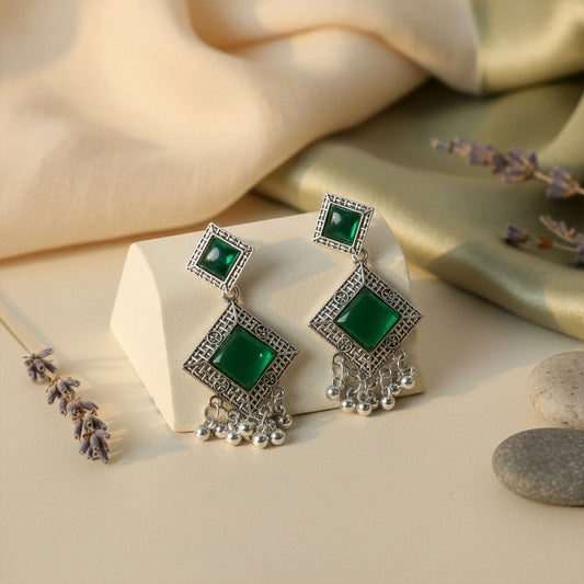 Traditional Indian Oxidised Dangler Earrings with Square Green Monalisa Stones