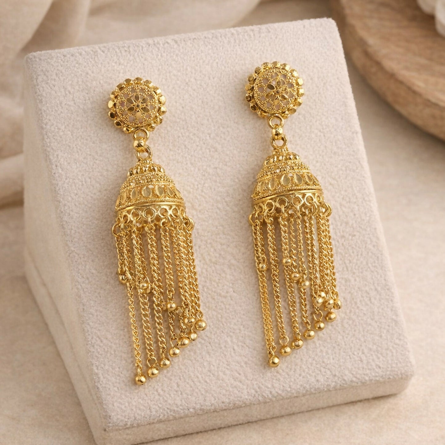 Traditional Gold Tone Long Tassel Jhumka Earrings Floral Stud Dome Drop Ethnic Earrings for Women