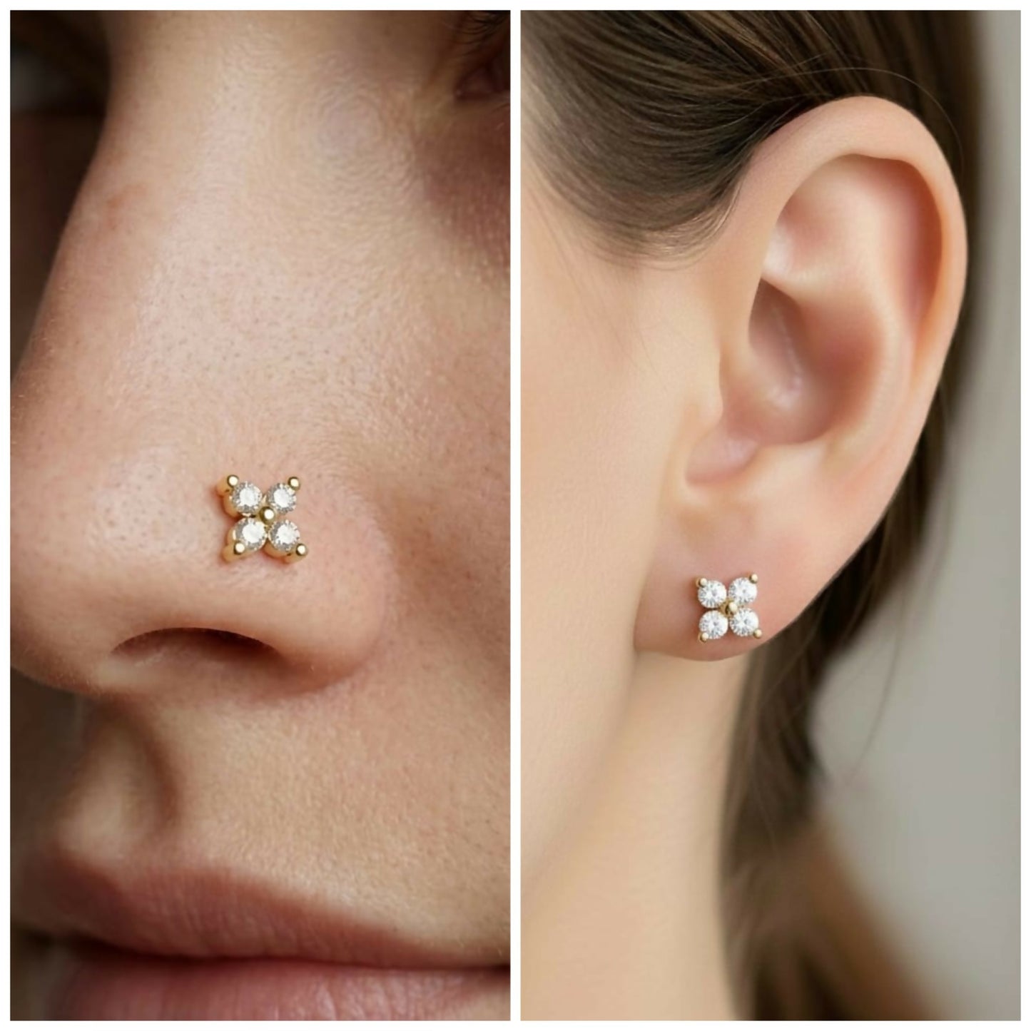 Gold plated AD Flower Flat Back Nosepin Stud Combo Pack of 2