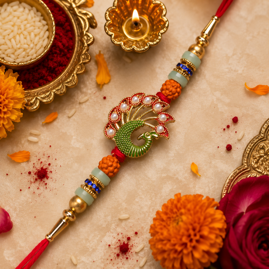 A red thread bracelet with a green peacock charm, orange and light green beads, and gold accents is surrounded by festive