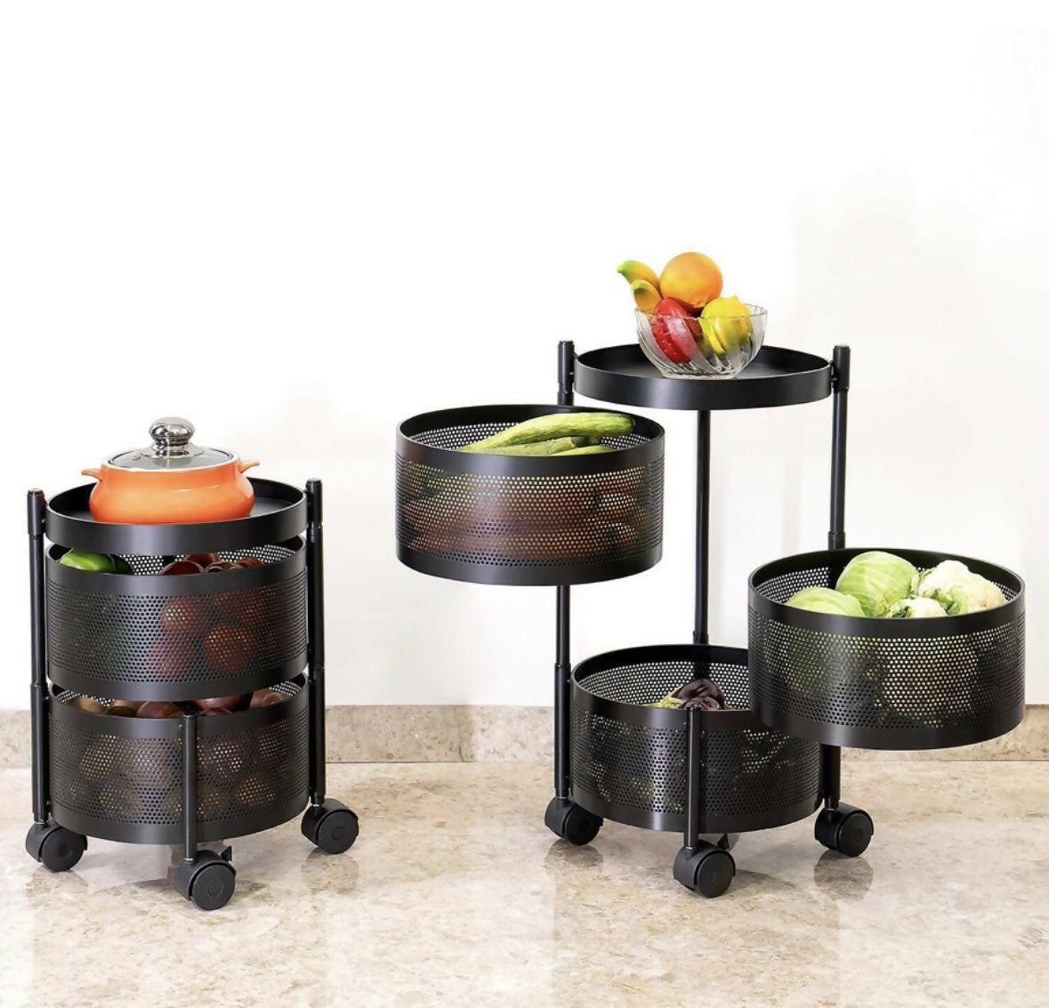 Compact Round 2-Layer Kitchen Trolley with Ventilated Mesh Baskets & Four Swivel Wheels