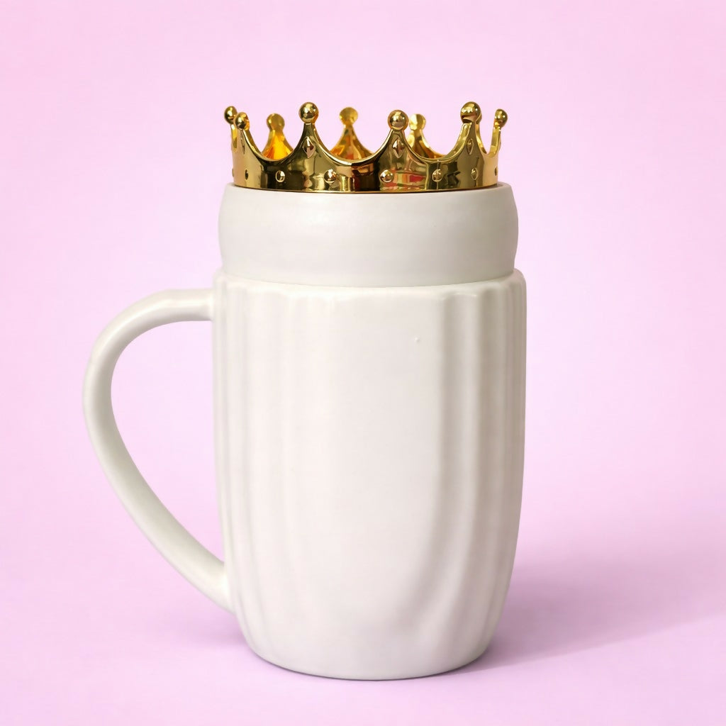 Royal Crown Lid Coffee Mug with Queen Design Ceramic Cup