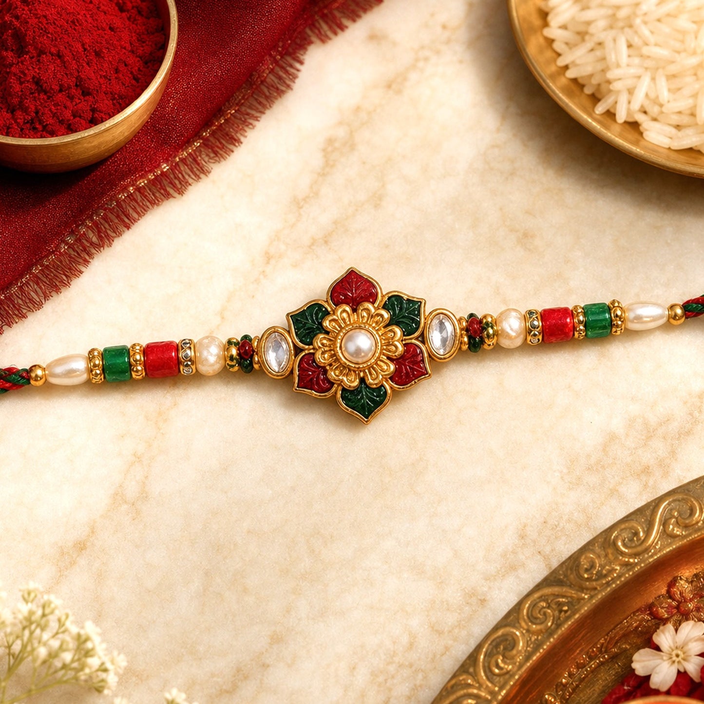 A red, green, and gold Meenakari Kundan bracelet with a central floral design, pearls, and red string, next to a bowl of red