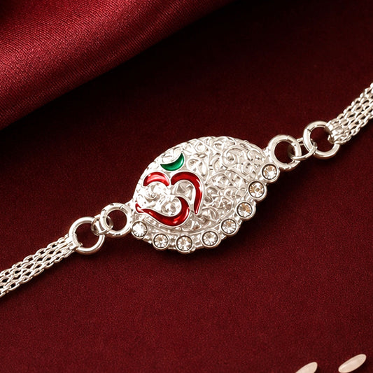 Silver Om Chain Rakhi with an Om motif displayed on a clean background.