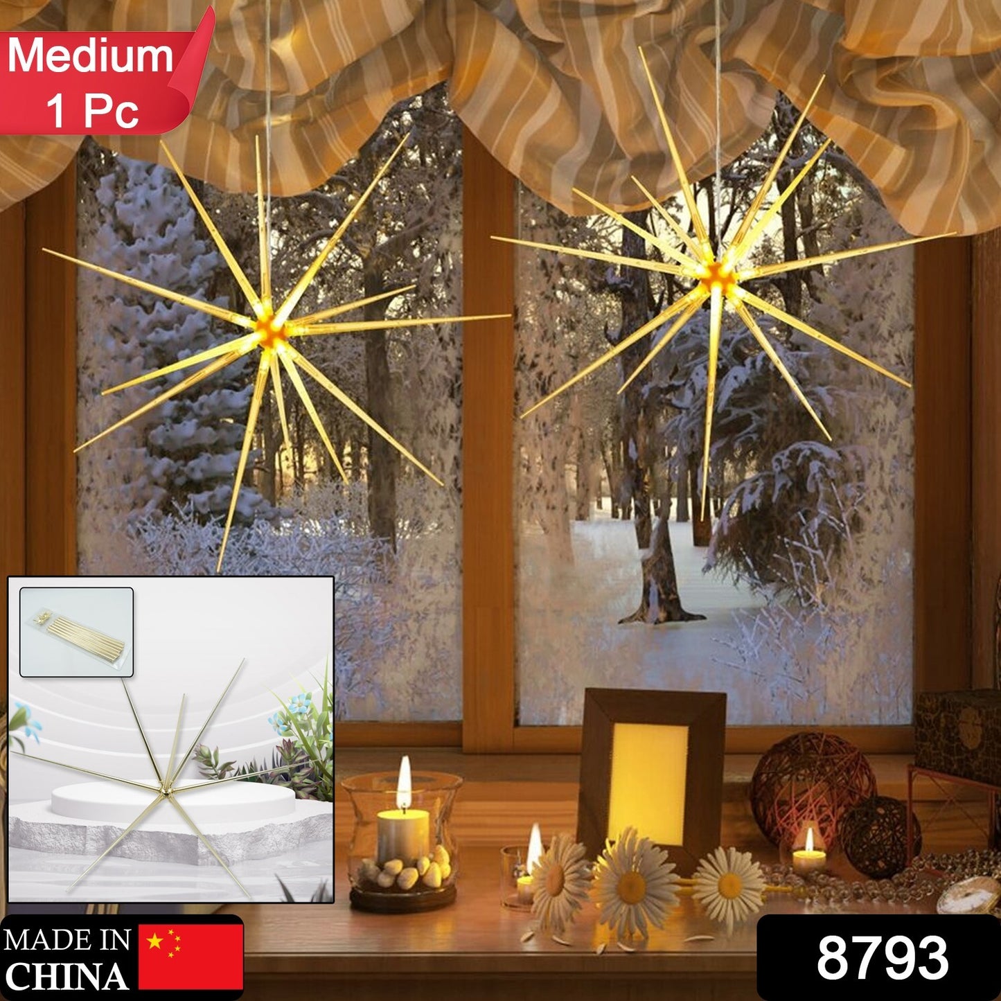 3D Gold Star Hanging Decoration Star, Acrylic Look Hanging Luminous Star for Windows, Home, Garden Festive Embellishments for Holiday Parties Weddings Birthday Home Decoration (Medium)