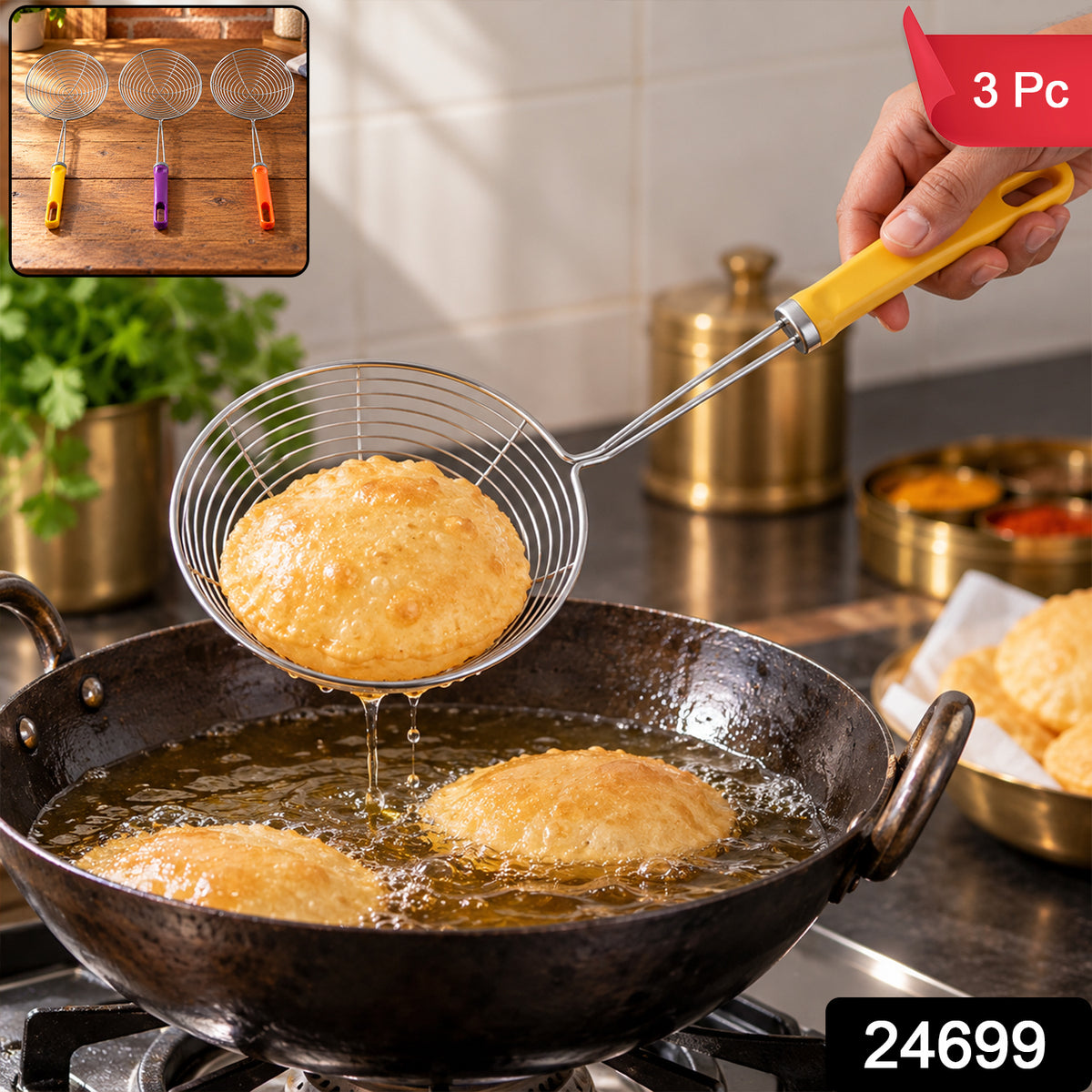 Stainless Steel Frying Strainer Spoons with Long Colour Handles (3 Pc)