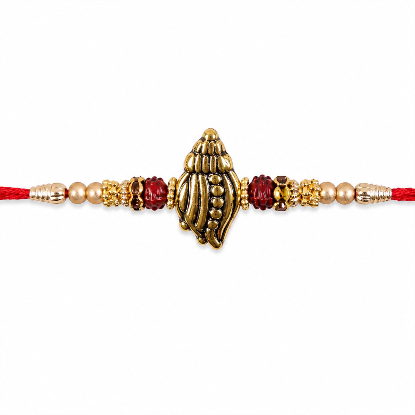 Shankh Conch Golden Devotional Rakhi with Pearl Beads, Red Accents and Antique Finish