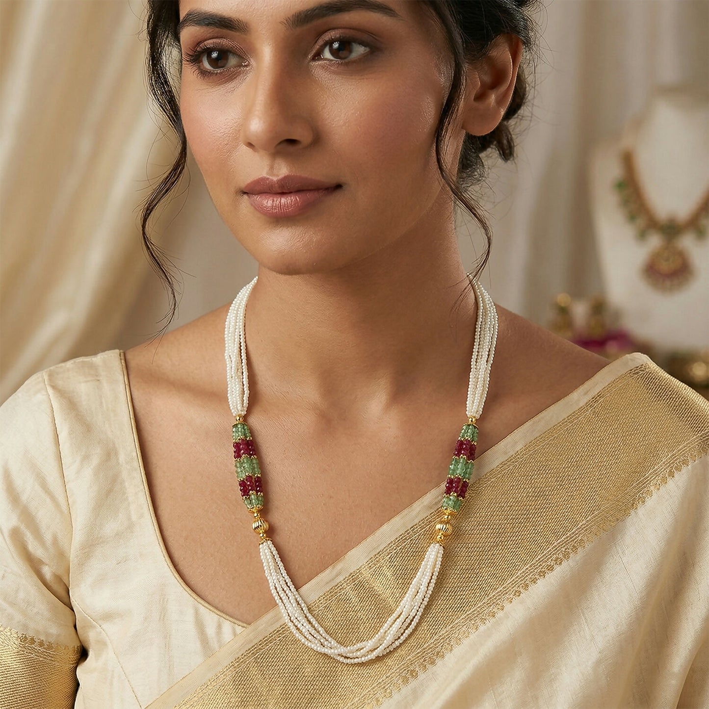 Elegant White Beaded Mala with Red & Green Traditional Design for Women