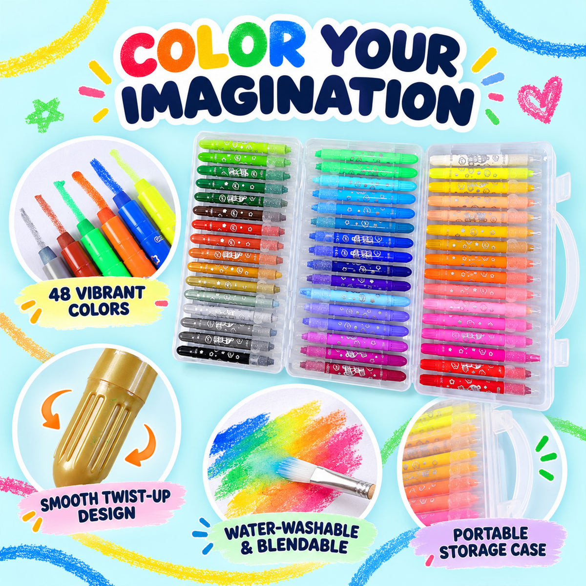 Water-Soluble Twist-Up Colour Crayons with Brush and Carry Case (48 Pc)