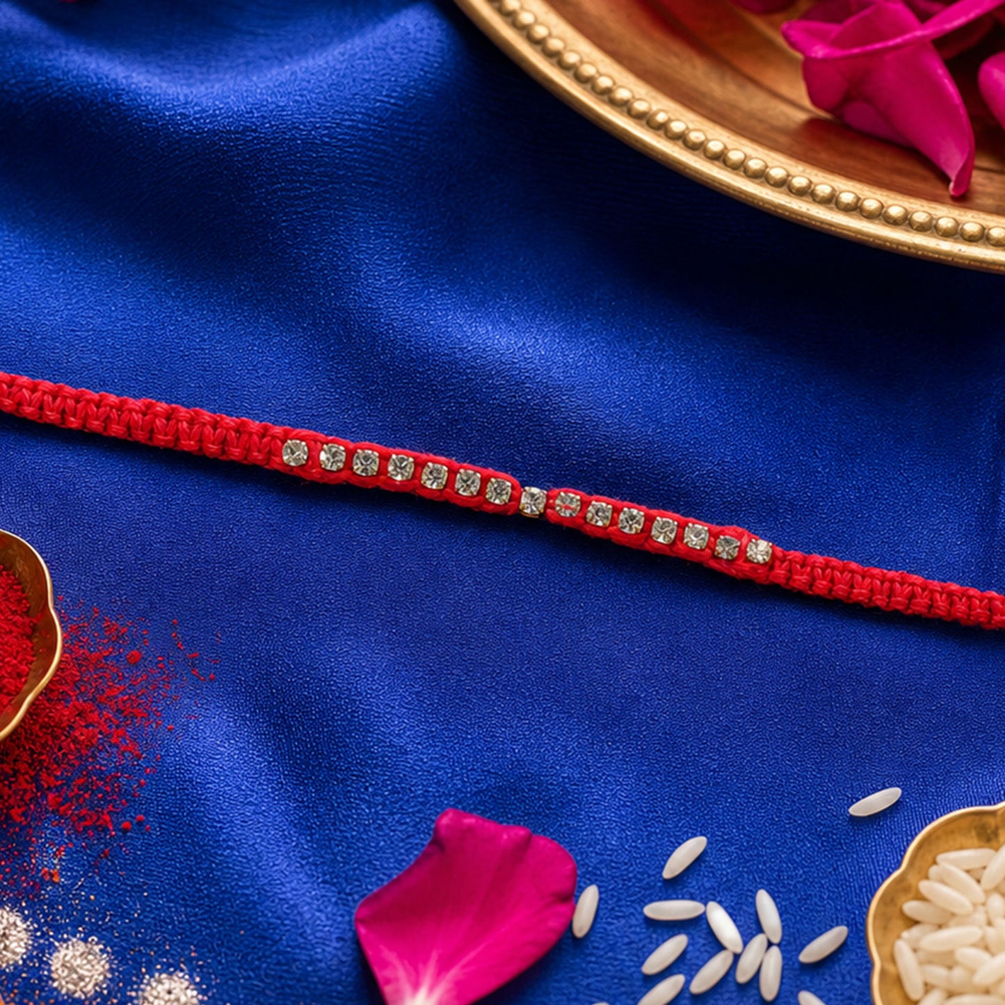 Red Thread Rakhi with a Row of Sparkling Crystal Rhinestone Beads