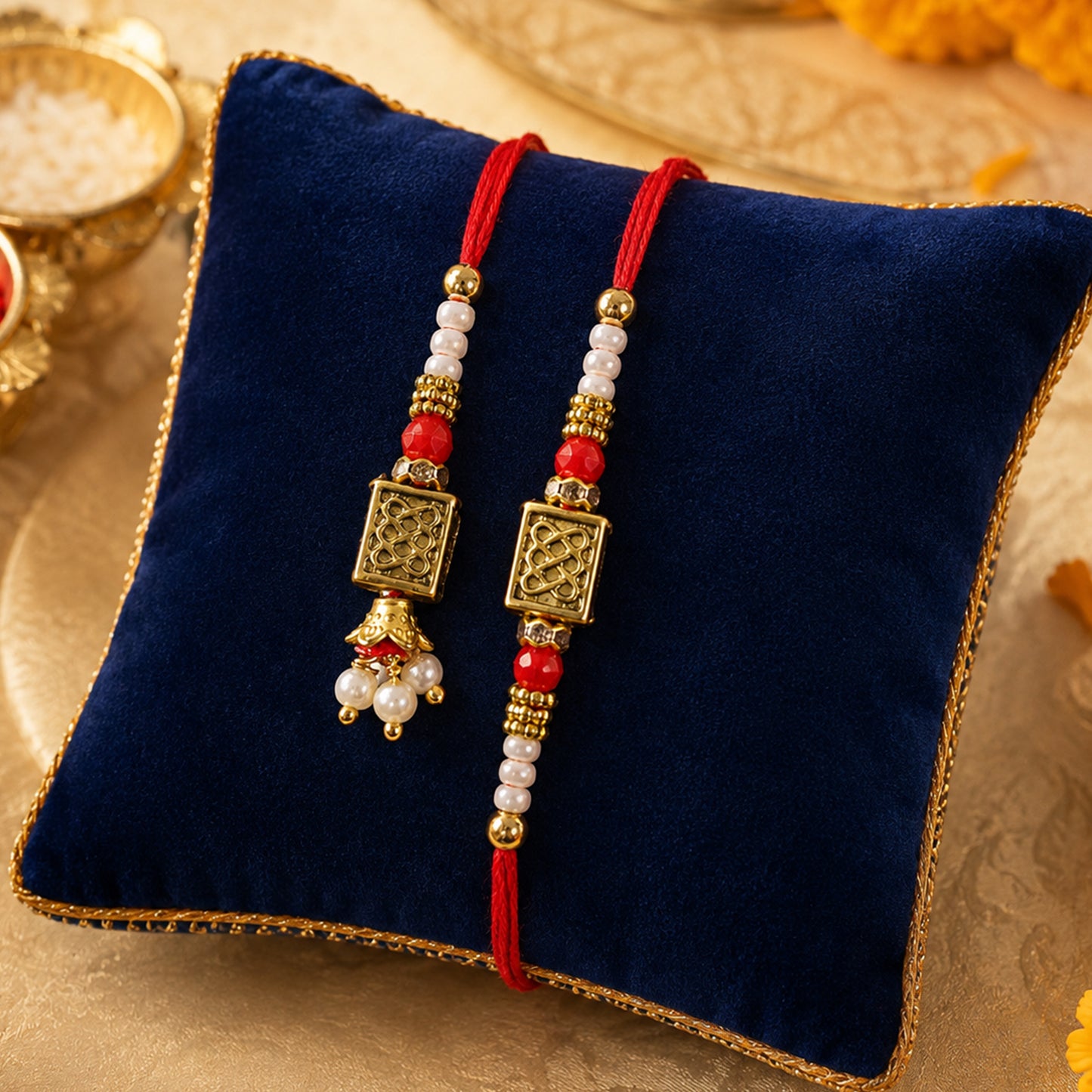 Geometric Rectangle Bhai Bhabhi Rakhi with Rectangular Emblem and Pearls for Gifting