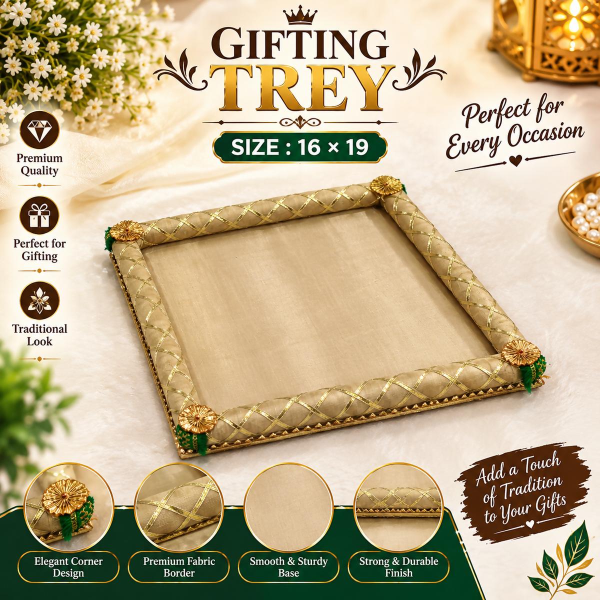 A rectangular gift tray with a beige fabric base and a gold braided border, adorned with green and gold corner